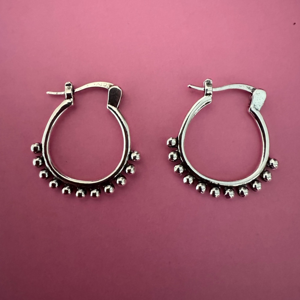 Silver Hoop Earrings with Beaded Detail - Picture 2 of 3